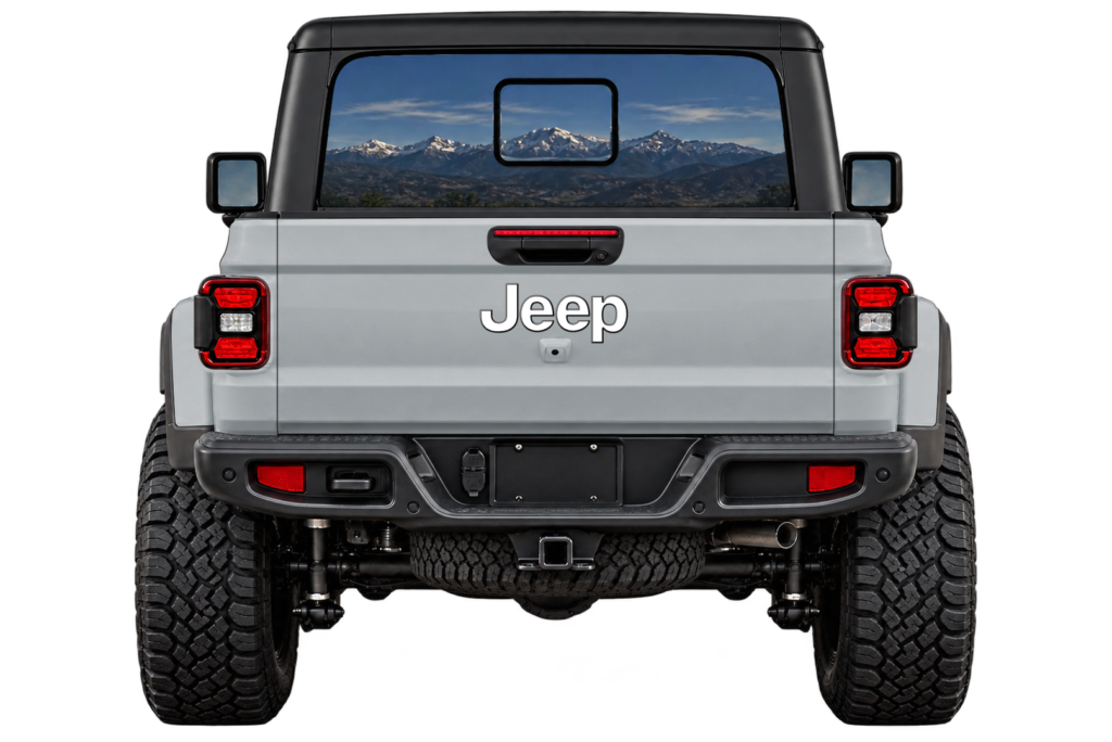 Rear view of Sting Grey Jeep Gladiator with white tailgate emblem accents