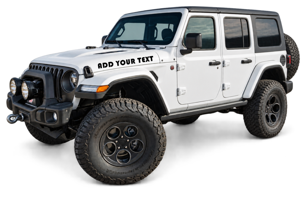 White Jeep Wrangler with ADD YOUR TEXT hood lettering