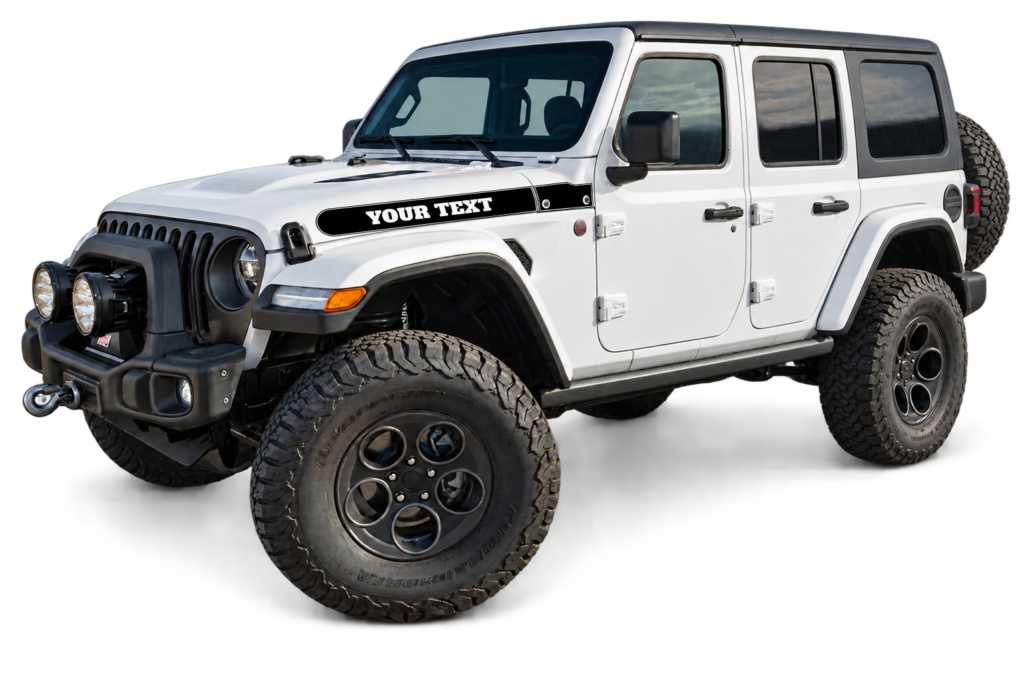 White Jeep Wrangler with hood stripe and YOUR TEXT cutout